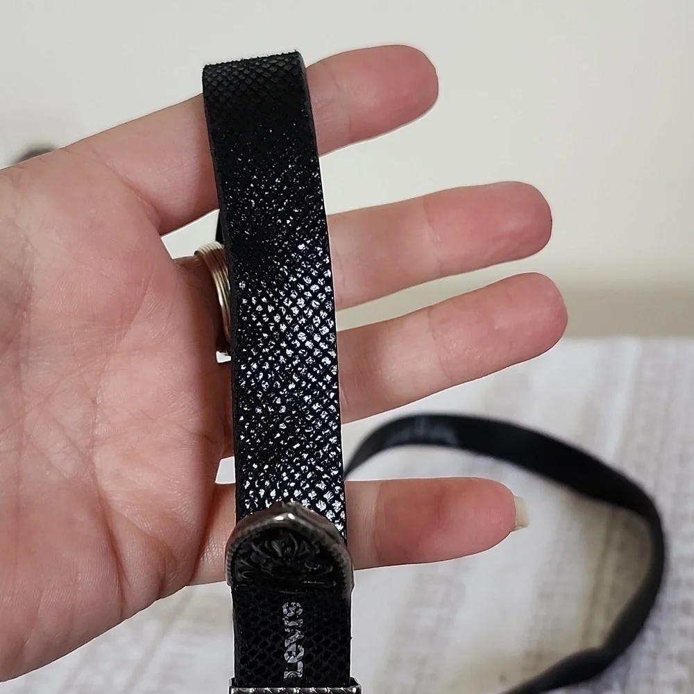 Levis double buckle genuine leather black belt, steer floral silver metal buckle